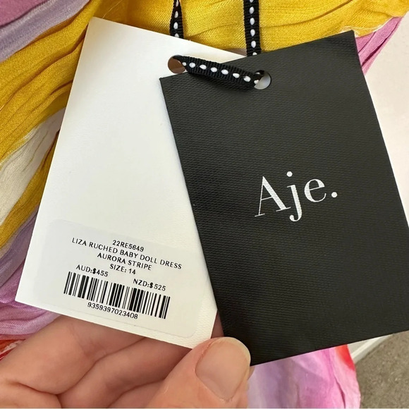 NWT AJE Aje Liza Ruched Baby Doll Dress in Aurora Stripe SZ AUS 14 US 10 - Picture 10 of 13